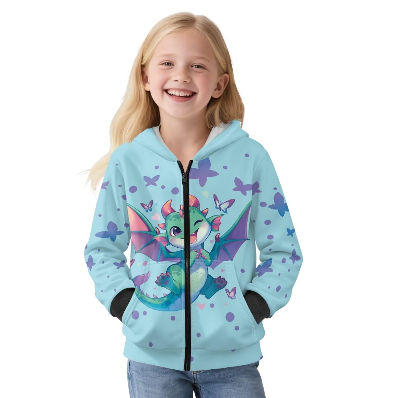 Biyejit Mädchen-Kapuzenpullover mit Reißverschluss, Fleece-Pullover, Sweatshirt, langärmelig, PE, Schulpullover für Reisen, Alltag, S-XL, Dinosaurier, 6-7 Years