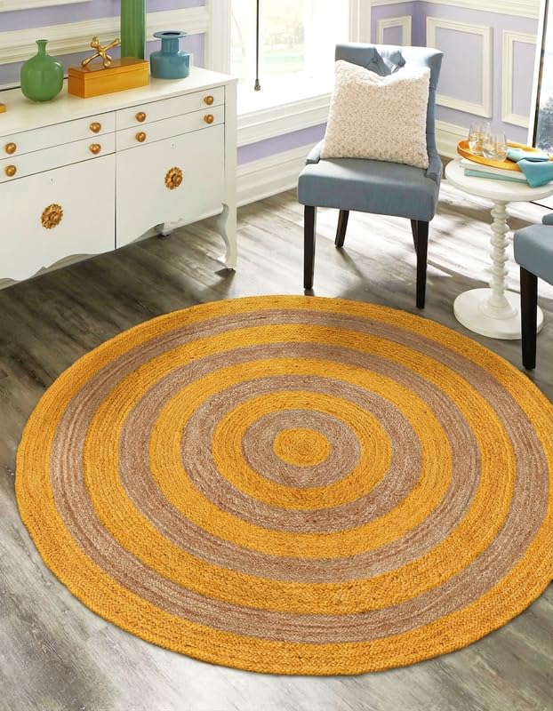 Tapis rond en jute fait à la main Jaune/beige 0,9 m