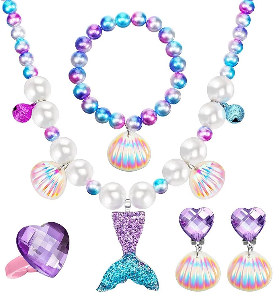 Mermaid Necklace Bracelet Jewellery for Kids Girls Set, Pearl Beads Necklace/Bracelet, Sling Bag, Hair Bow, Seashell Earrings, Ring Combo Kit for Party Costume Jewelry Supplies Gift