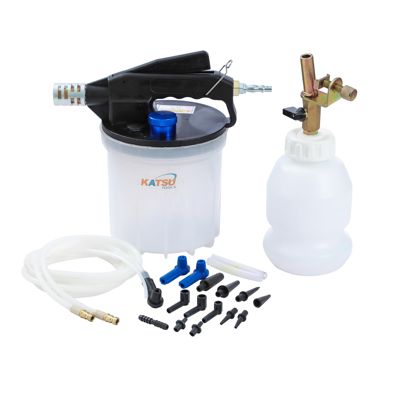 KATSU Tools Kit di spurgo pneumatico del liquido dei freni, 2 litri, con bottiglia di riempimento da 1 litro, adatto per la maggior parte dei sistemi frenanti standard e ABS, per auto, camion