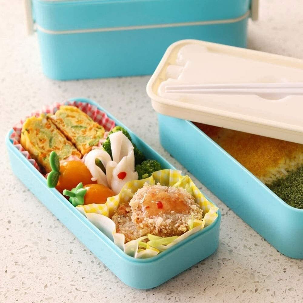 JINGYAN Boîte à bento Boîte à lunch Bento Box 2 Niveaux, de style marine boîte à lunch japonaise à double couche avec bac à glaçons frais de maintien - Micro-ondes et lave-vaisselle - Bleu Pastel