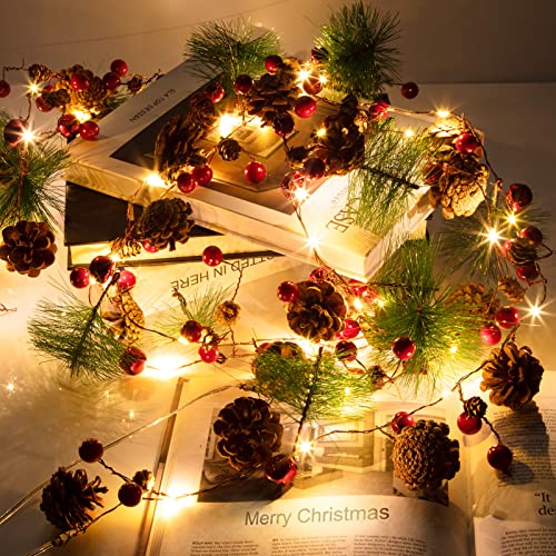 2 Paquetes-LITAKE LED Guirnalda de Conos de Pino de Navidad, 20 LEDs Guirnalda de Luces Navideñas con Piñas y Campanas Rojas Guirnalda de Luces con Pilas para Decoración de para la Fiesta de año nuevo Cover