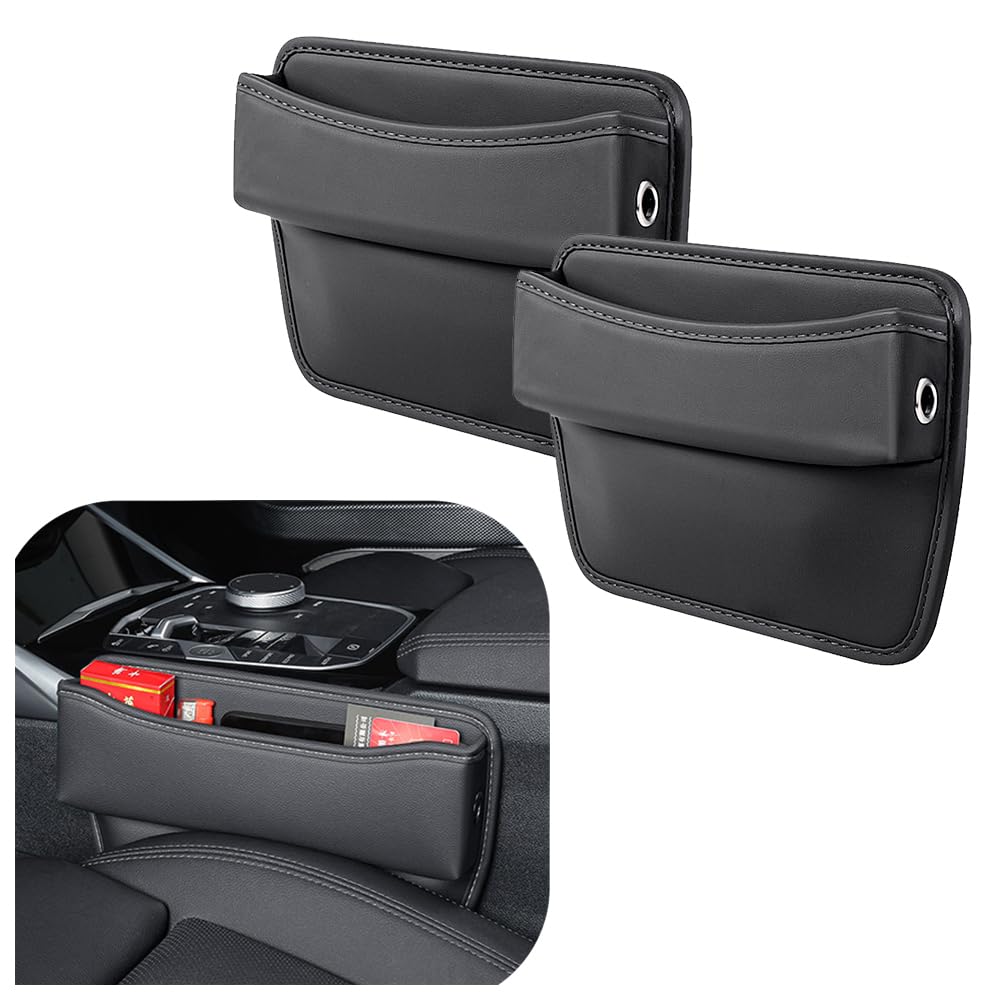 Large Capacity Car Seat Gap Filler with 2 Charge Hole - Microfiber Leather Organizer Storages Items & Keeps Quiet Tidy Storage Box for Phone,Key,Cigarette,Glasses (Black/2pcs)