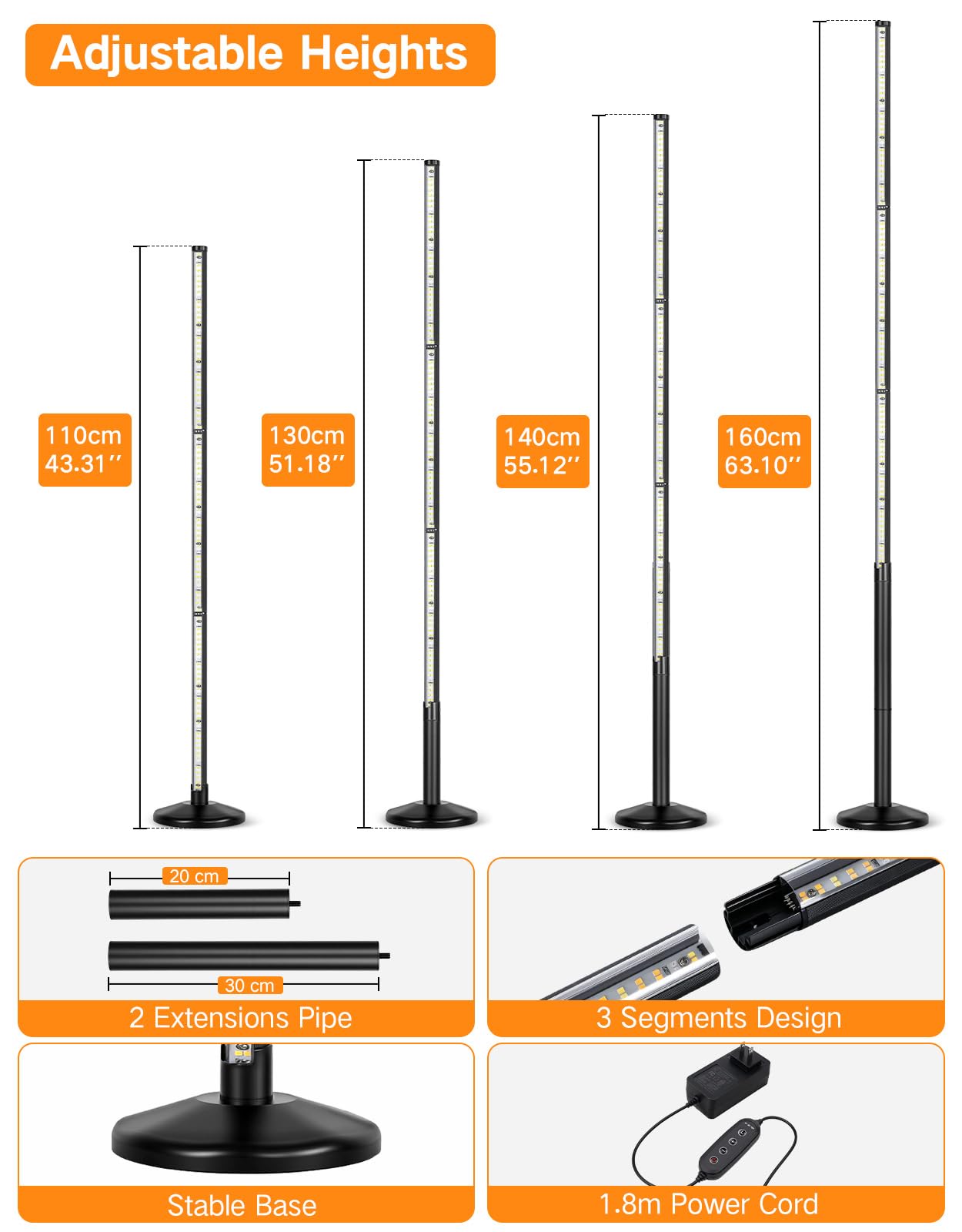 OUTON LED Pflanzenlampe Vollspektrum für Zimmerpflanzen, 210 LEDs, Schwarz | Wachstumslampe mit Timer 4/8/12H, 10 Dimmstufen, Höhenverstellbar 38-110 cm, Vertikale Pflanzenleuchte für große Pflanzen