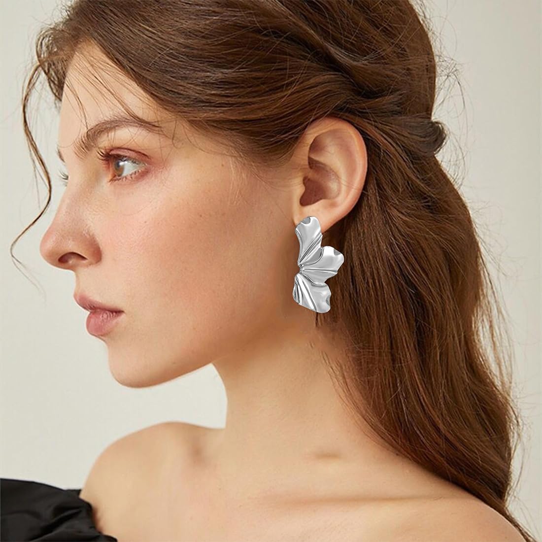 Orecchini Asimmetrici Alla Moda, Gioielleria Regalo per Mamma Moglie Figlia, A Fiore Opaco retrò,Petali Irregolari(argento)
