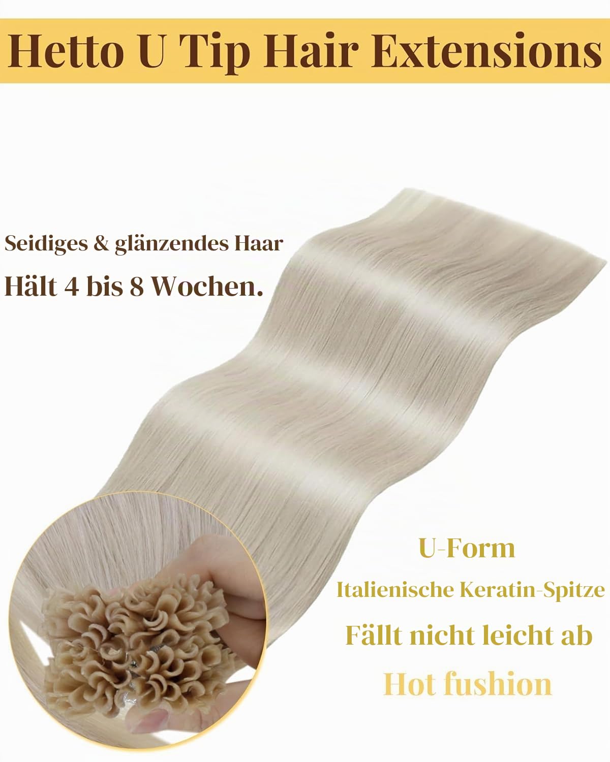 Hetto Extensions Echthaar Bondings, Aschblond, 35cm | 50 Strähnen 50g 100% Remy Haar, Invisible Keratinspitze in U-Form, thermische Fixierung, keine Schäden, Natürlicher Look