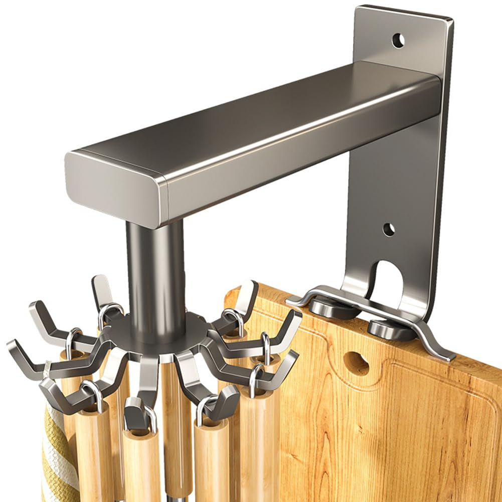 CTRLZS Wall-Mounted Kitchen Rotary Hook Rack,Aluminum Storage Hanger with 8 Hooks,No-Hole Punching Installation,Space-Saving