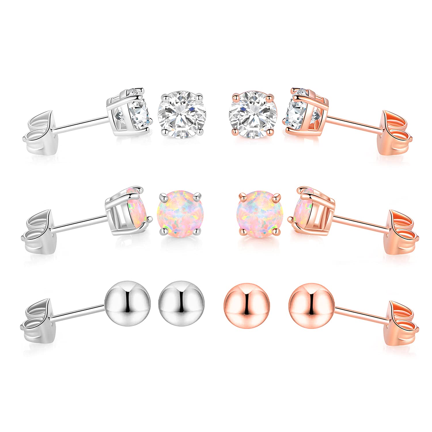 Rose Gold Earrings, 6 Pairs Earrings Set 3mm/4mm/5mm Cubic Zirconia Earring with 18K Rose Gold Plated Hypoallergenic Opal Earring Small for Women stud