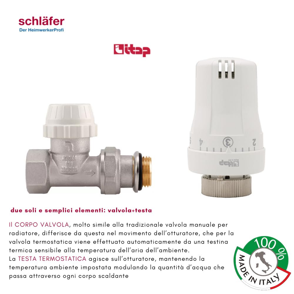 Schläfer 37020001 | Valvola Termostatica Completa per Termosifoni, Valvola Termostatizzabile Dritta con Testina di Comando Termostatica per Radiatore Riscaldamento Termosifone Termoarredo 0-28 C