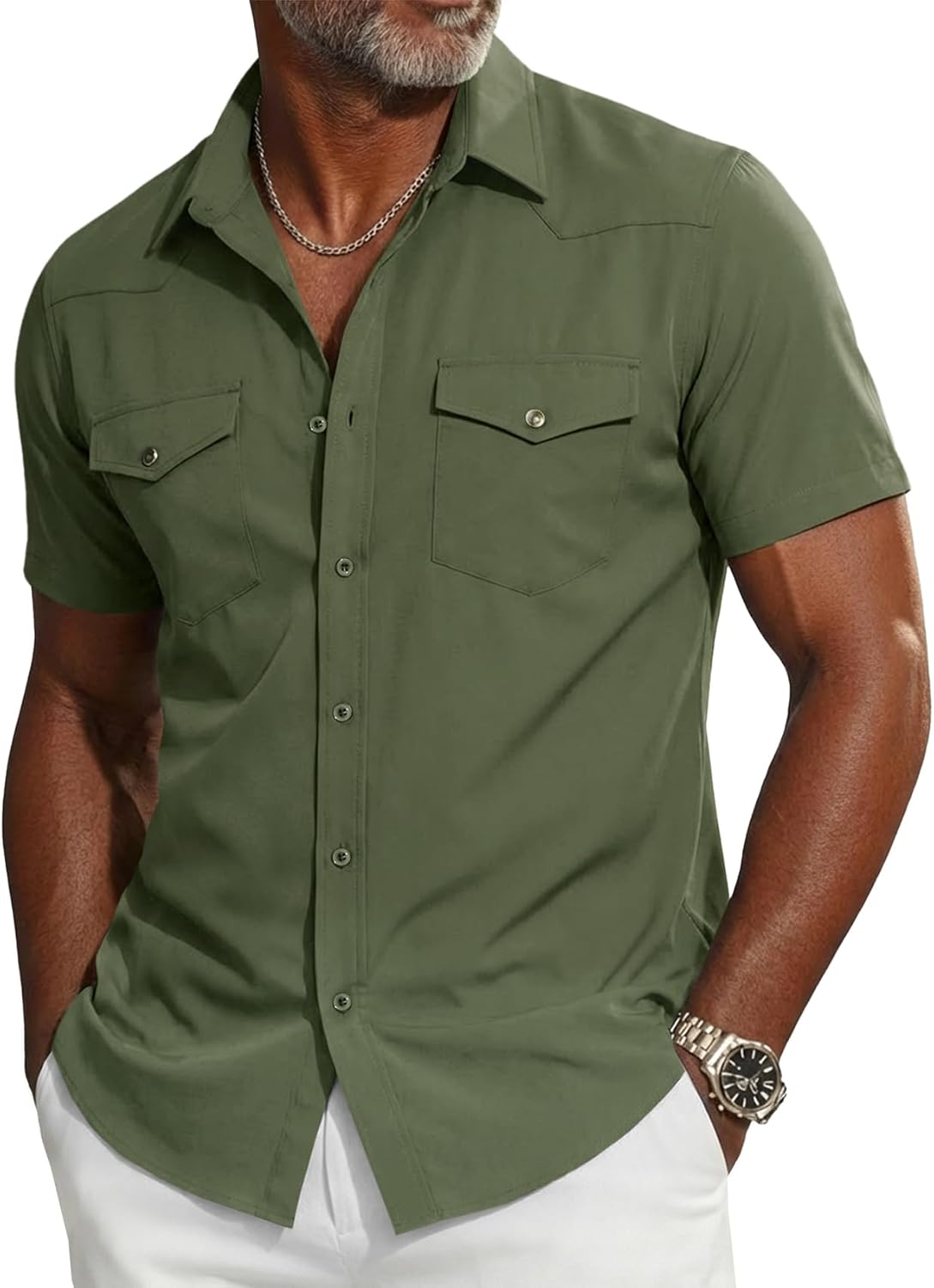 Runcati Mens Short Sleeve Work Shirt Linen Button Down Casual Shirt Western Cowboy Summer Tops