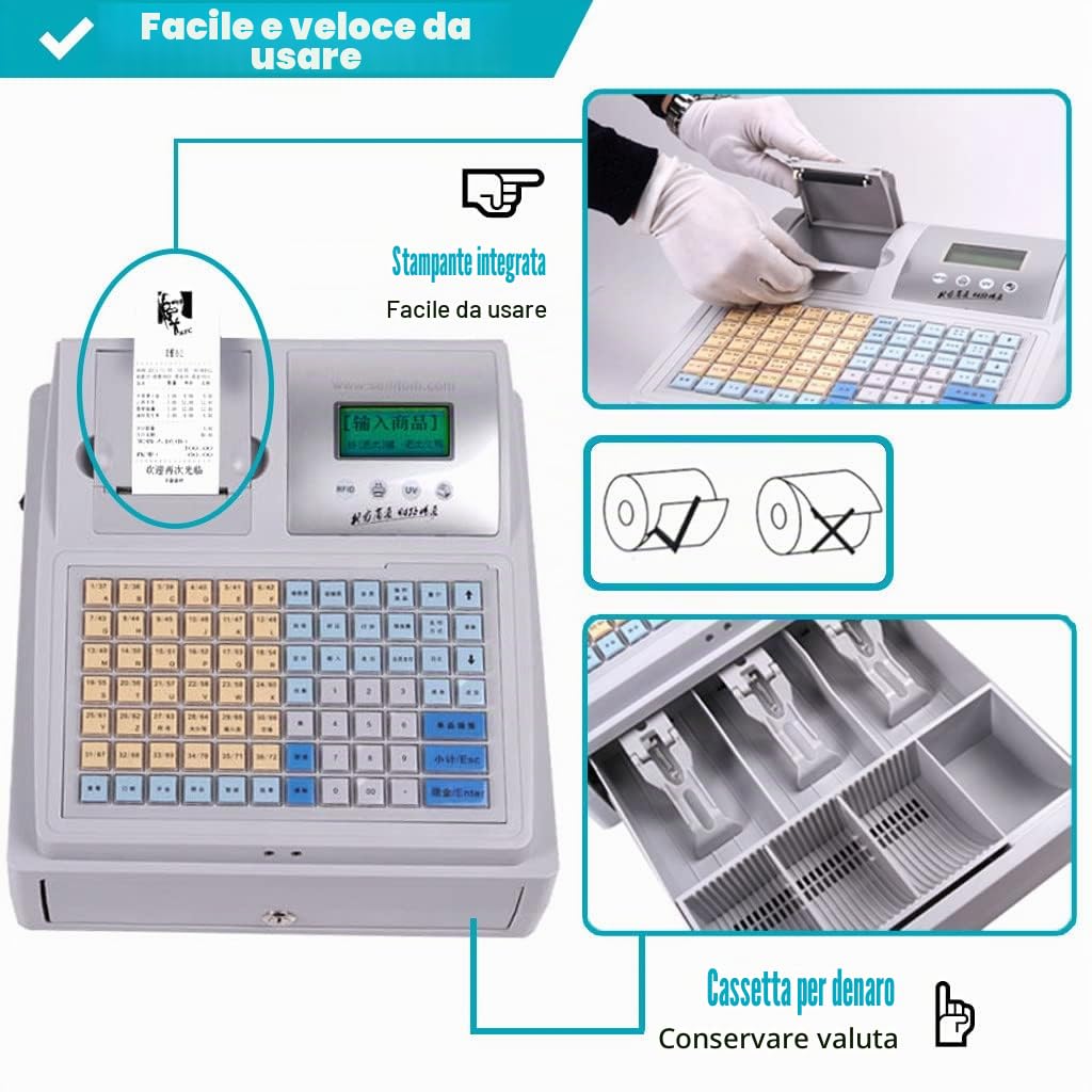 Registratore di Cassa elettronico 81 Chiavi, registratore di Cassa Intelligente con Stampante Termica, registratore di Cassa Digitale a 8 LED, per Piccole Imprese
