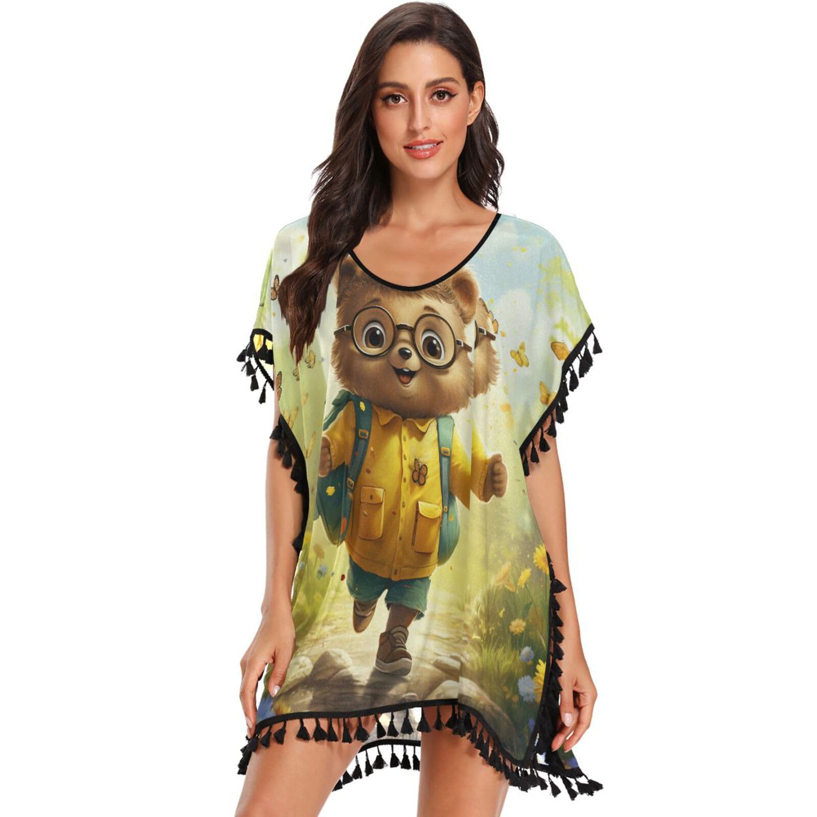 Crayon Art Brown Bear Women's Beach Cover Up Chiffon Tassel Swimwear Swimsuit Coverups for Girl