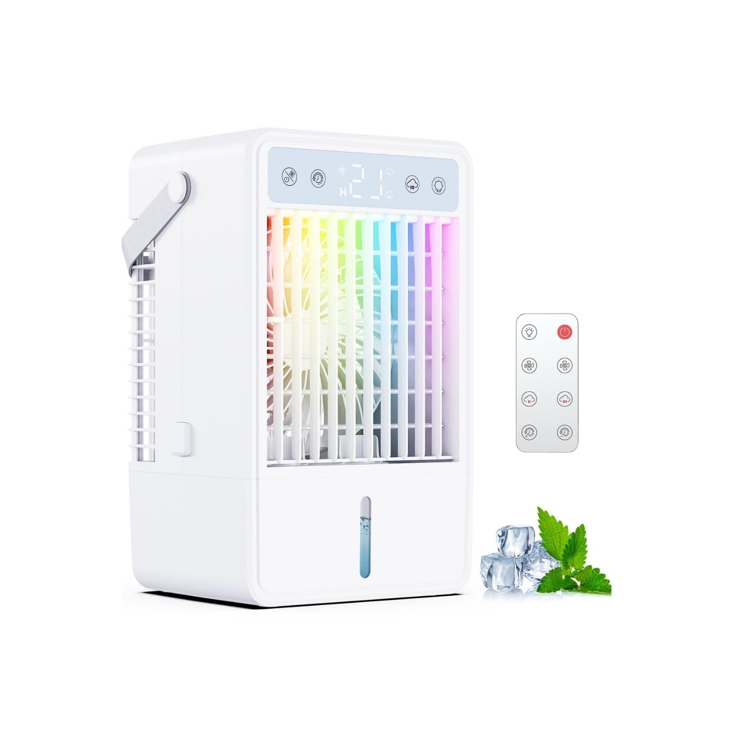Climatiseur Mobile Silencieux - Refroidisseur d'Air USB avec 5 Intensités & 3 Modes, Climatiseur Portable Réservoir de 1500ML, Temporisateur Réglable, Télécommande et Lumière – pour Voyages et Camping