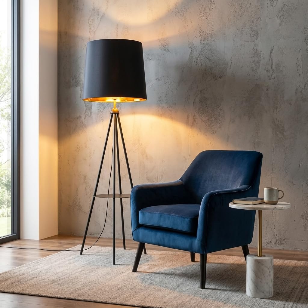 BARCELONA LED Madison Dreibein Stehlampe Mit Ablagetisch Schwarz | Holz, Textilschirm, höhenverstellbar, Ambientebeleuchtung, multifunktionales Design