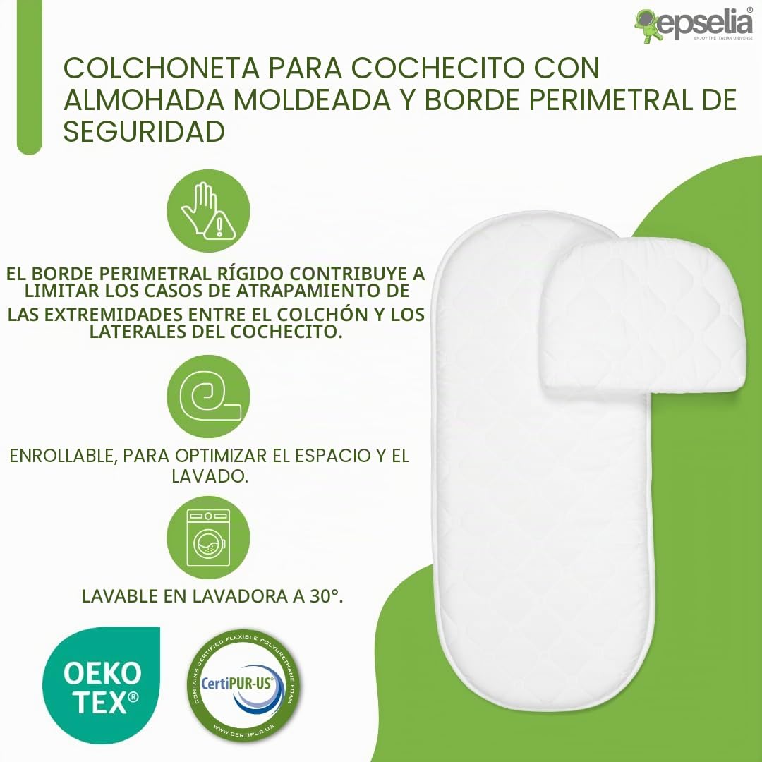 EPSELIA - Colchón para capazo con almohada, certificación antiasfixia EN16890:2017, estructura con orificios de ventilación, antiácaros, Certipur Oeko-Tex
