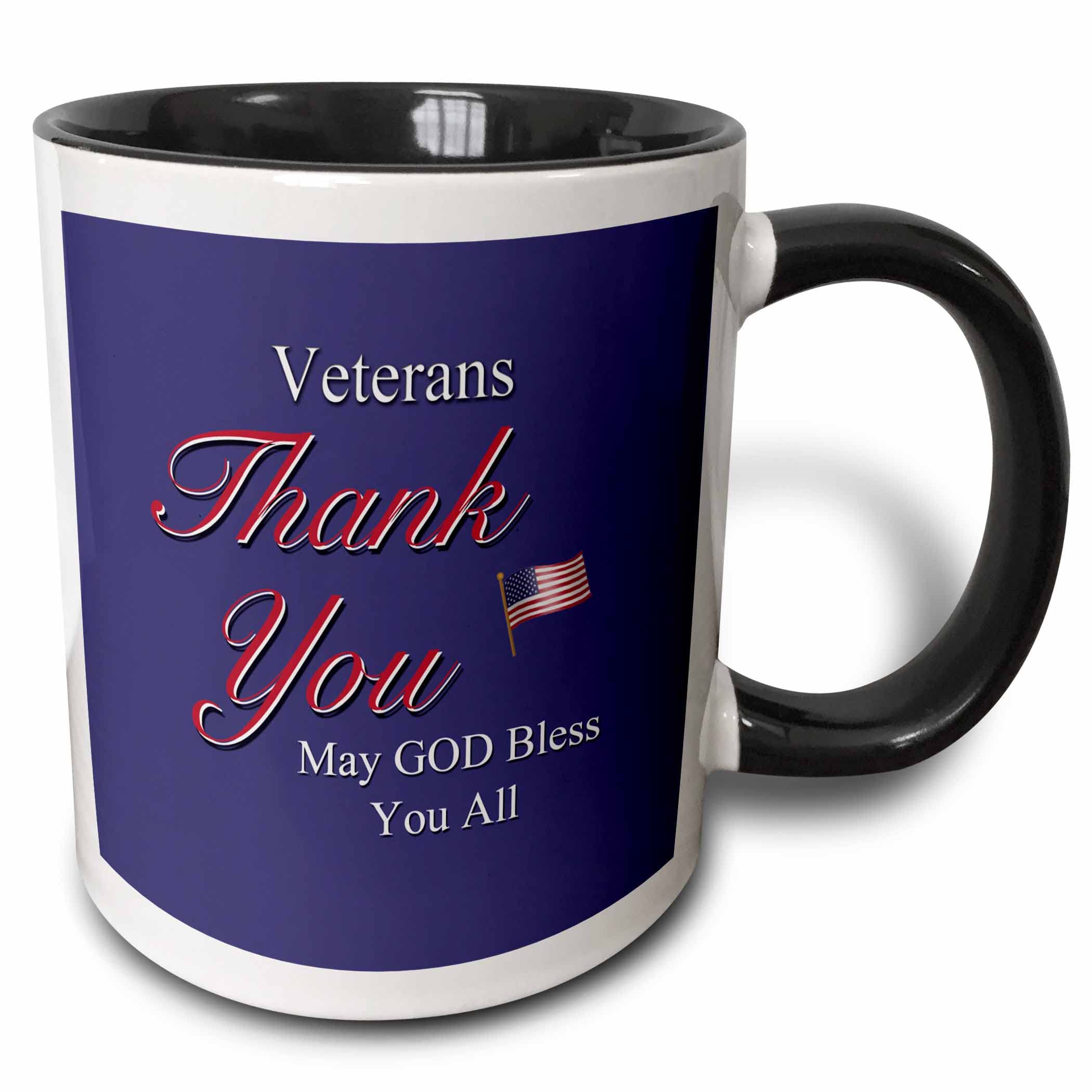 3dRose mug_36111_4 "Thank You Veterans, May God Bless you all. Text art with USA flag in red, white and blue." Two Tone Black Mug, 11 oz, Multicolor