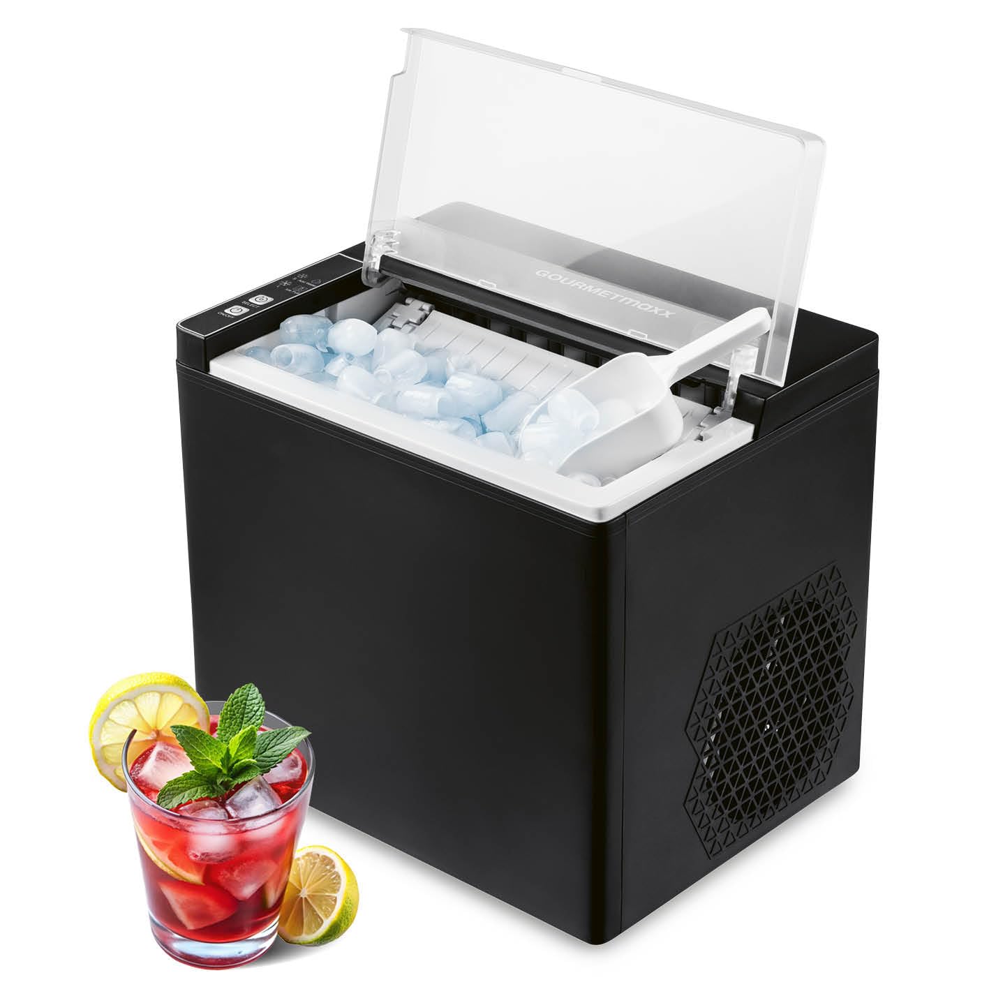 GOURMETmaxx kostkarka do lodu o mocy 150 W, na kemping i do współpracy, nie wymaga podłączenia wody, domowa kostkarka do lodu, w zestawie z pojemnikiem na odpady i łopatką do lodu, 12 kg dziennie