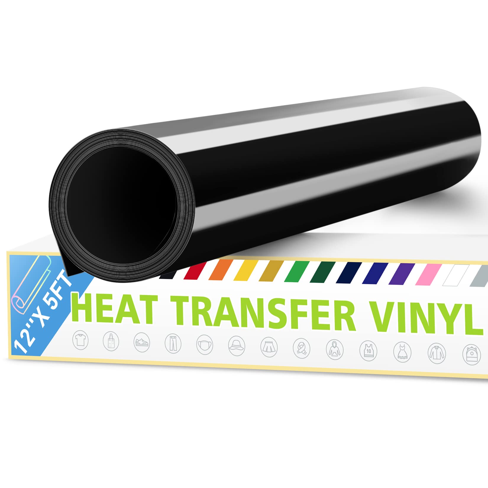 Heat Transfer Vinyl Roll, 12" x 5ft HTV Iron On Vinyl Bundles, Adhesive Permanent Vinyl, Printable Vinyl Wrap for Fabric T-Shirt, Clothes, Hats, Bags, Crafts, DIY Gift (Black)