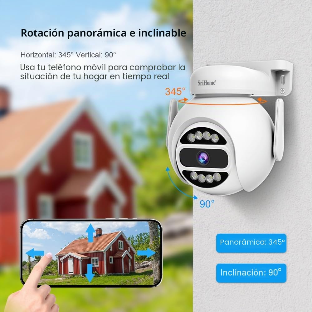 SRIHOME Red WiFi de Doble Banda de 4 MP, cámara de vigilancia PTZ, Seguimiento de Movimiento, visión Nocturna, IP66 Impermeable, Audio 2 vías, protección de la Vida privada, Uso Interior/Exterior