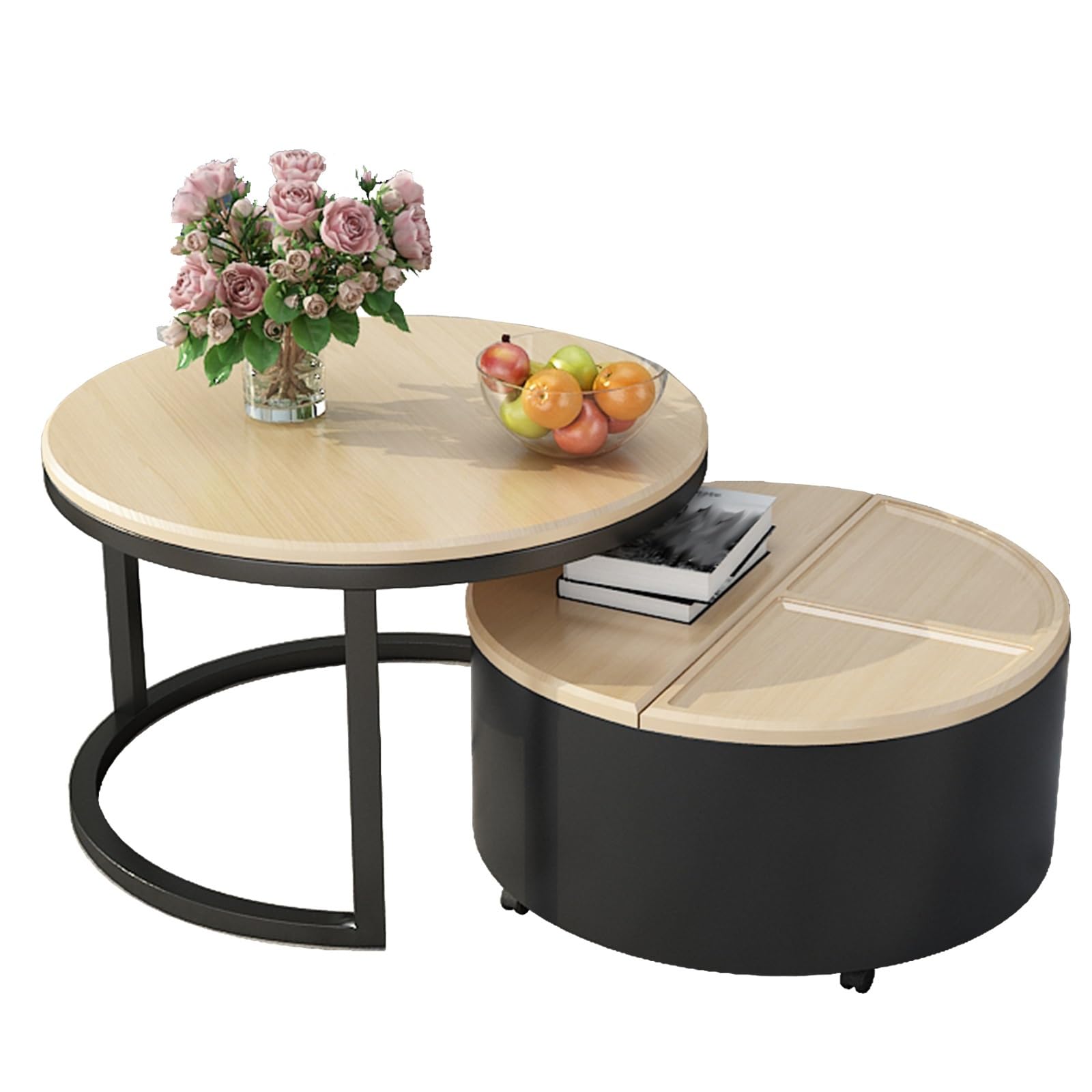 SXZenSpace Round Coffee Table Set of 2, Nesting Tables for Living Room, Small with Storage, Side Wheel, Space, Home Office, Bedroom(Natural)