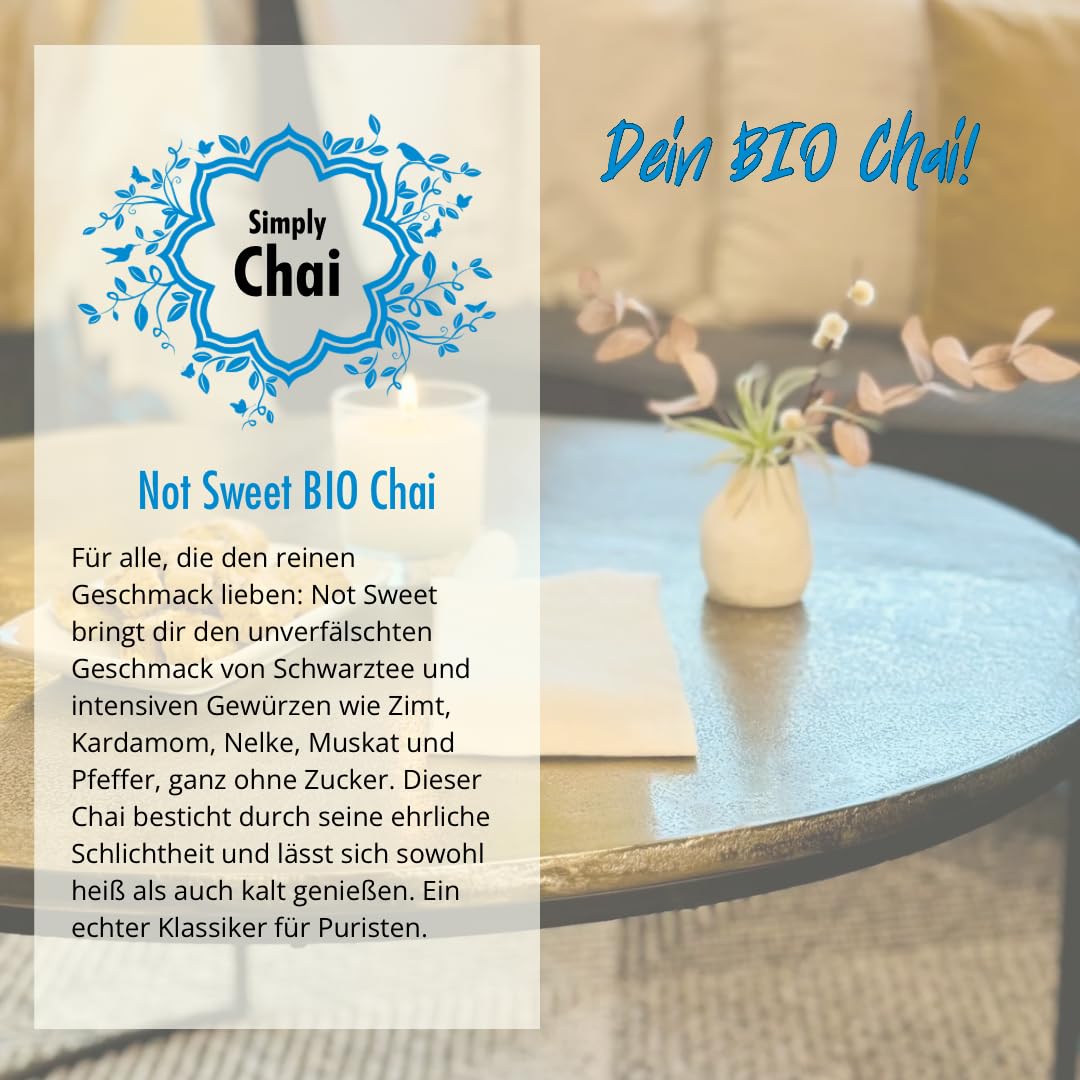 Simply Chai Bio & Vegan Not Sweet Chai Latte - 500g | Ungesüßter indischer Gewürztee, ohne Zuckerzusatz, instant Chai Tee, kleines Ritual für gemütliche Momente