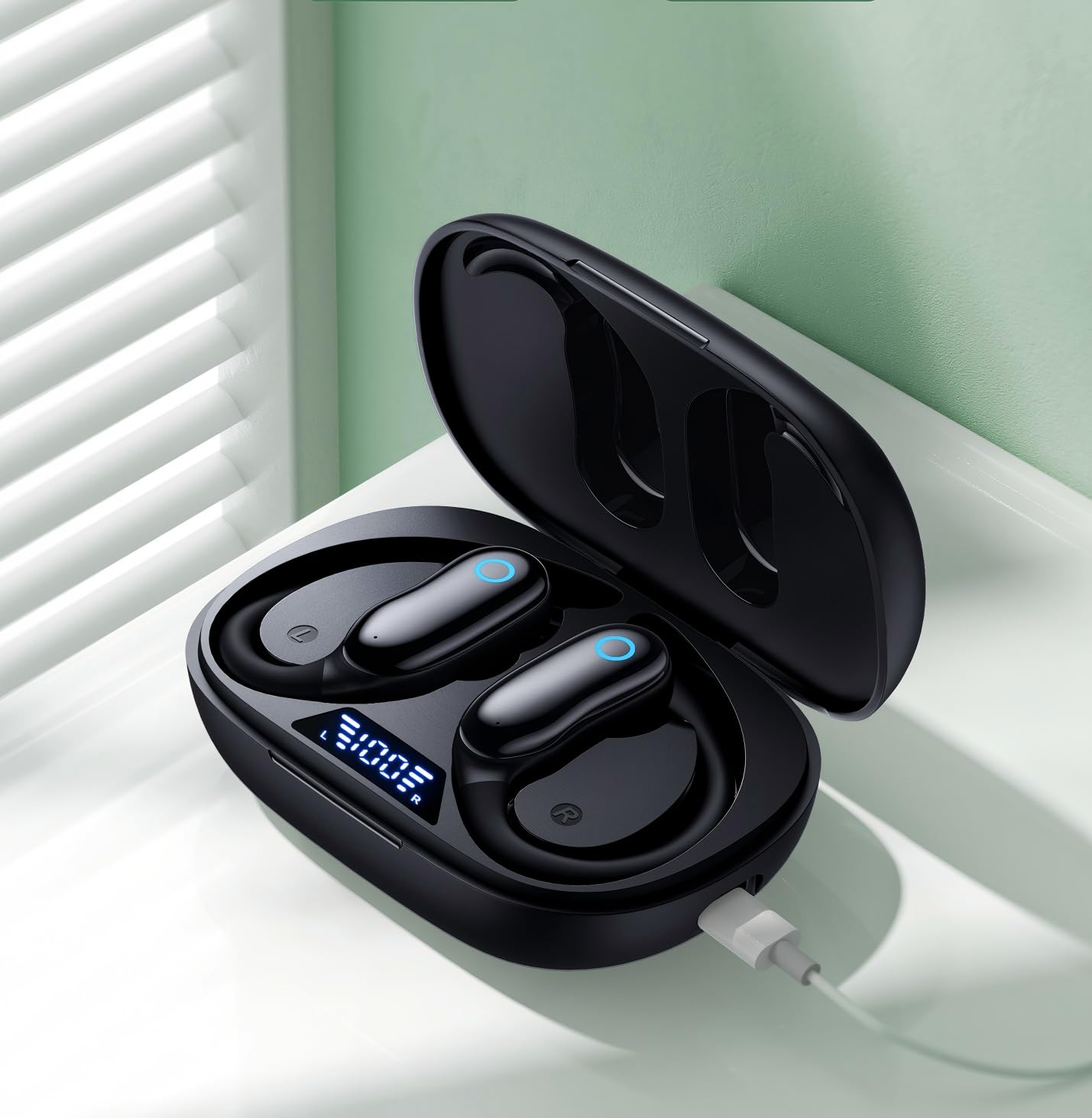 Écouteurs Bluetooth sans Fil Sport avec Crochet, Réducteur de Bruit ANC -30dB, IPX7 Étanche, 96H Autonomie, Bluetooth 5.3, Haut‑Parleurs 16mm, Micro ENC – pour Running, Fitness & Extérieur