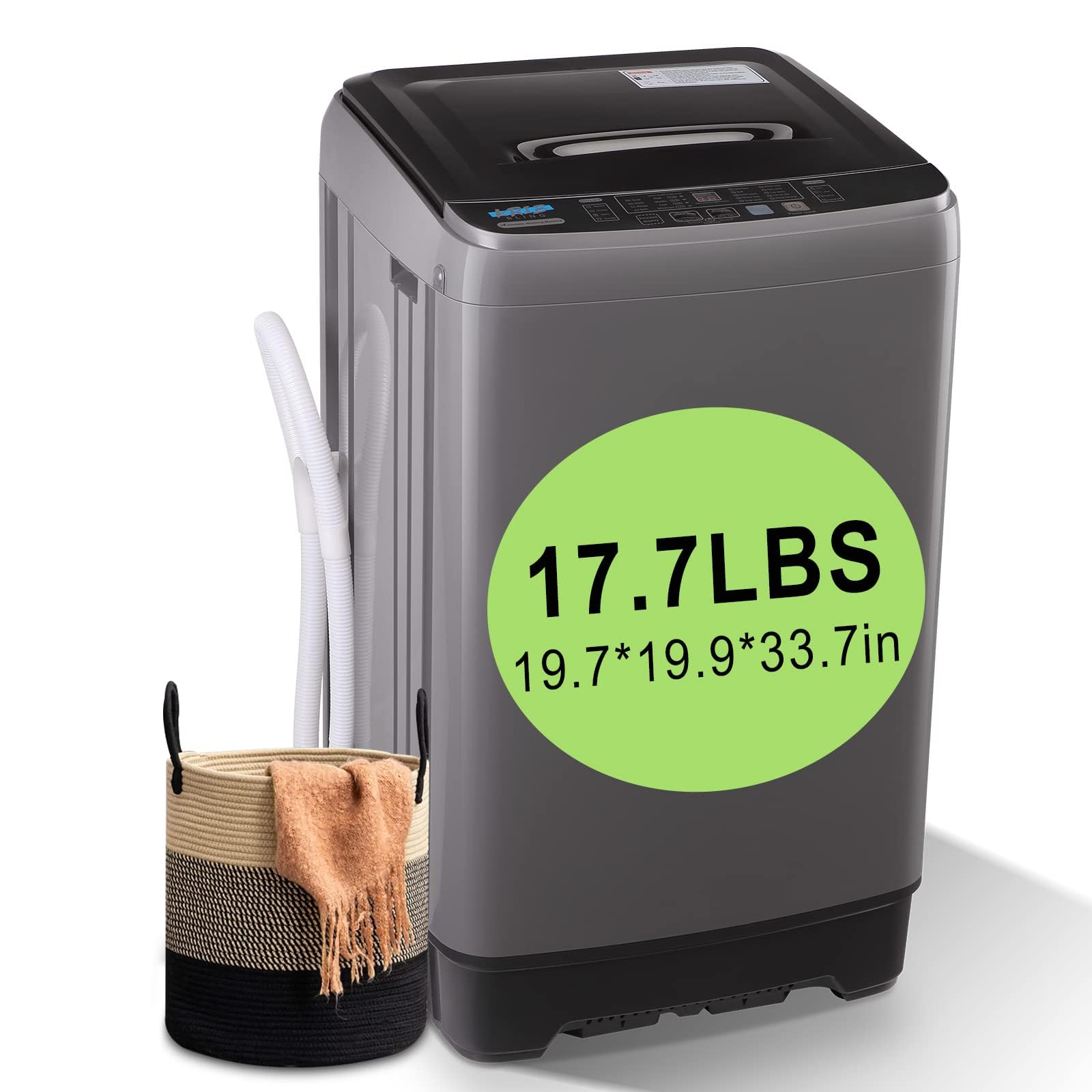 17.7 lbs Full Automatic Washing Machine with LED Display Compact Washing Machine with Drain Dump, 10 Wash Programs and 8 Water Levels Ideal for Dorms, Apartments, RV, Grey