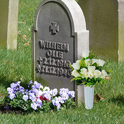 Artificial Cemetery Flowers, Set of 2 Artificial Rose Bouquet Grave Memorial Flowers with Vase for Cemetery Headstones Decoration (White) image 1