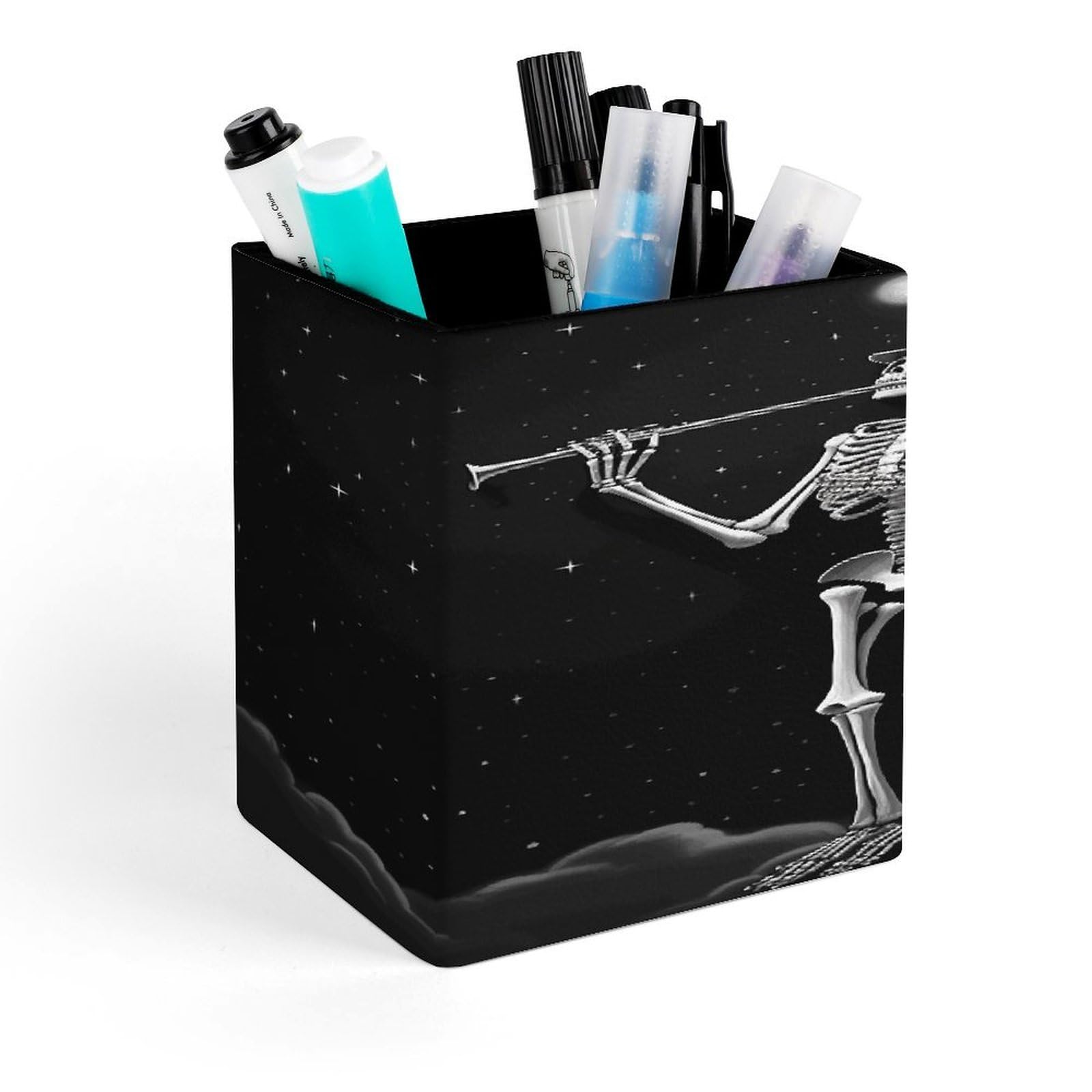 FekiLoot Skeleton in The Night Pen Holder Personalized Desktop Pencil Holders Case Office Accessories Container Box for Square Pen Cup Desktop Organizer Makeup Brush Holder Caddy Storage