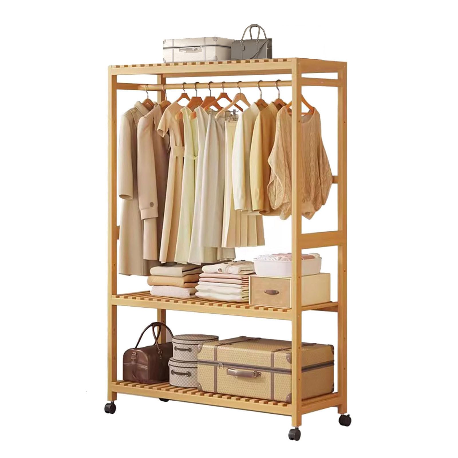 Bamboo Rolling Clothes Rack with Adjustable Shelves, Freestanding Garment Rail with Hanging Rod & Casters, Stylish Storage for Bedroom & Living Room