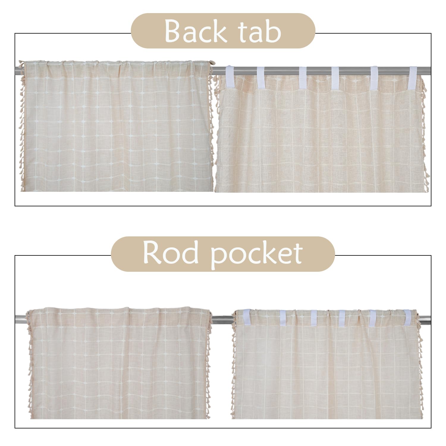 132x214cm Boho-Streifen Vorhang mit Quaste Beige Kariert,1 Stück