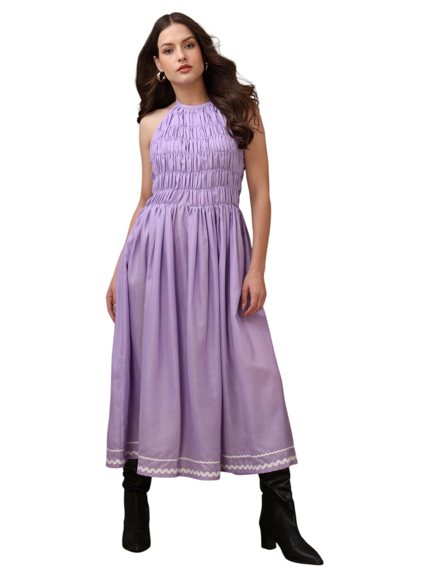 Purvaja Womens Halter Neck Fit & Flared Cotton Blend Dress (Floe-041-Xl_Purple)