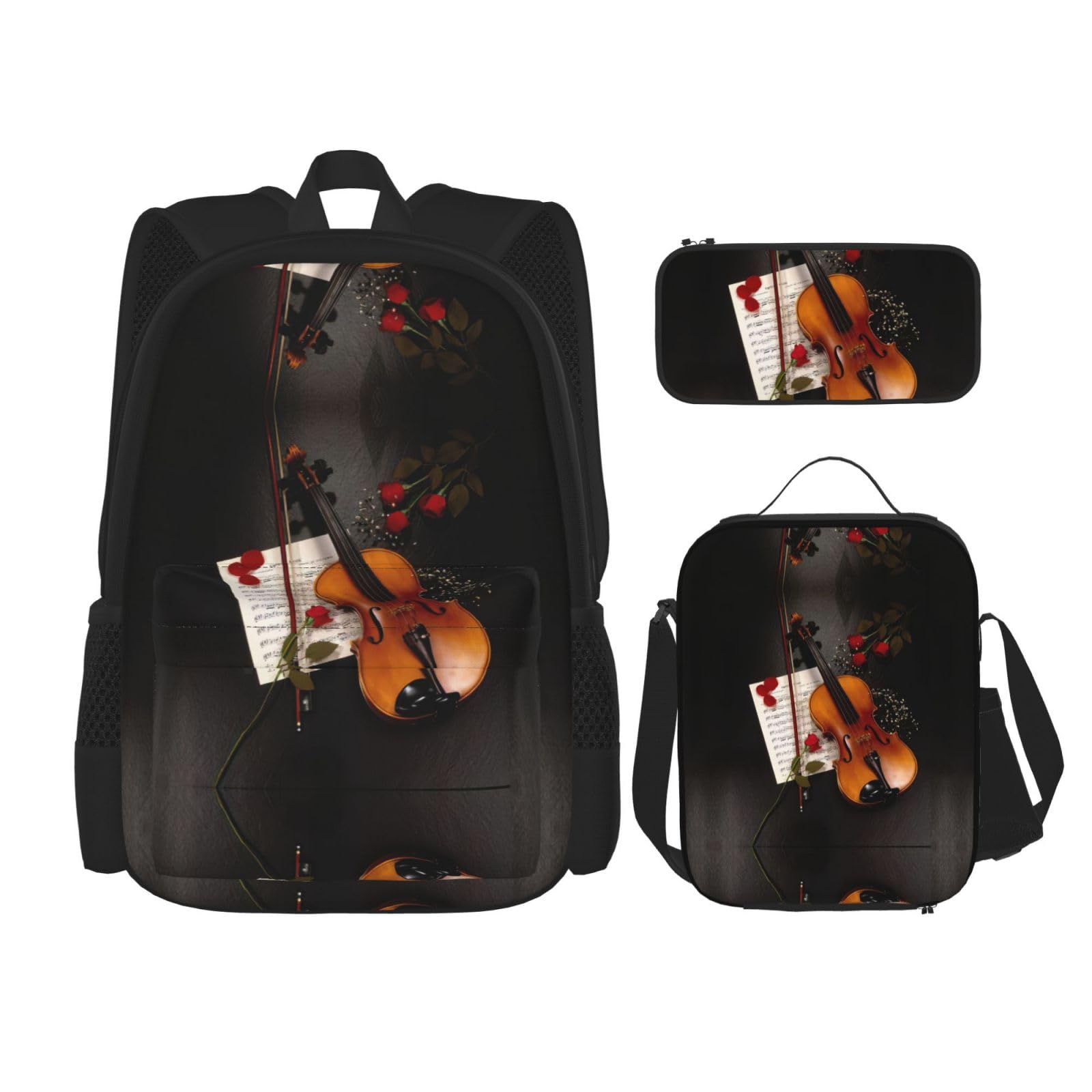 Juego de 3 mochilas escolares con estampado de partituras de violín, mochila para laptop resistente al agua de gran capacidad con bolsa de almuerzo aislada y estuche para lápices para