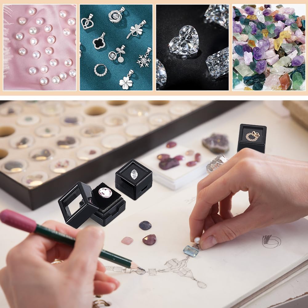 BENECREAT 70Pcs Black Gemstone Display Box, 0.78x0.78x0.63Inch Plastic Transparent Bare Stone Box Square Gem Box with Clear Top Lids for Gems Jewelry Packing