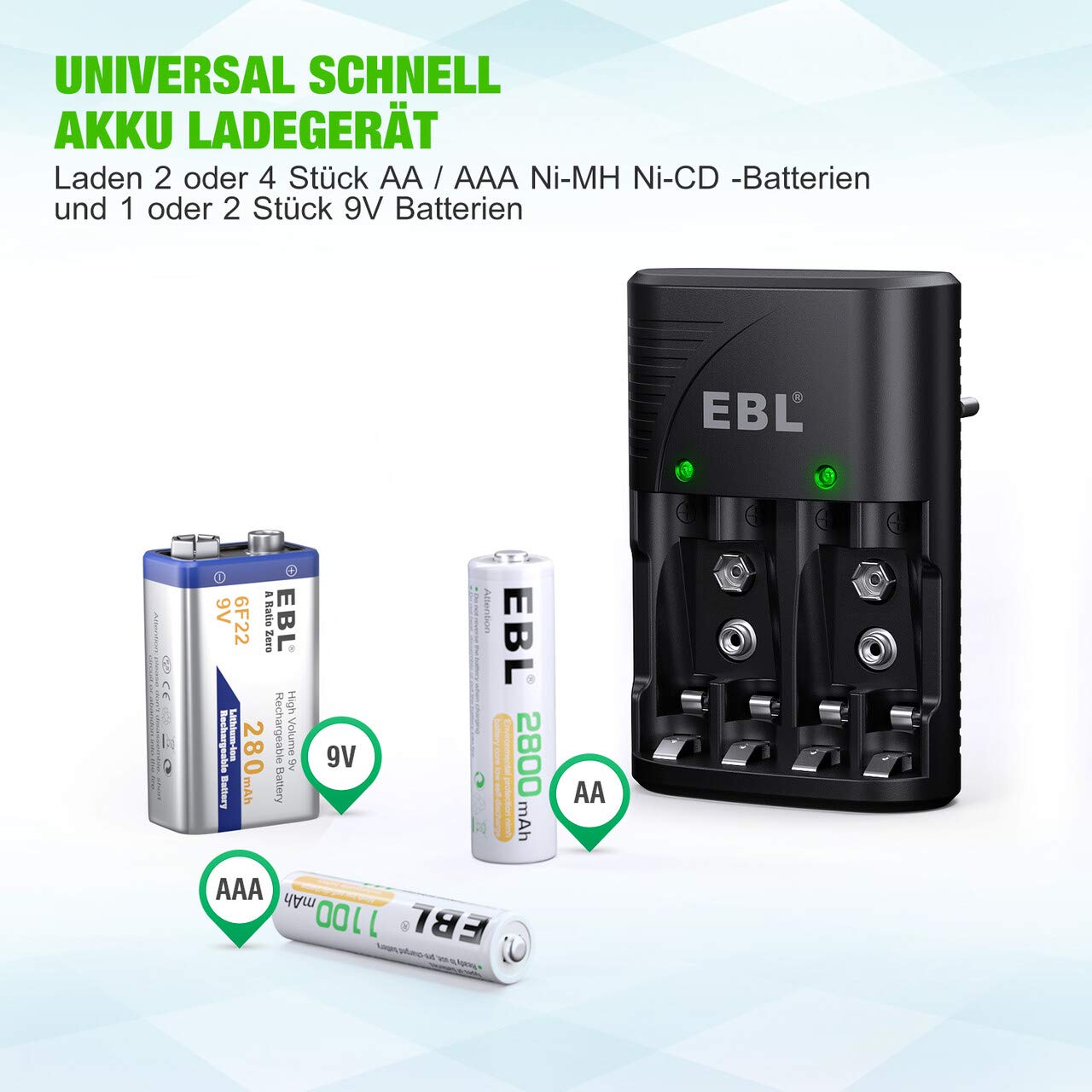 EBL Plug Caricabatterie Universale per AA e AAA 9V Ni-MH Batterie Ricaricabili, Carica Rapida, Indicatori LED Intelligenti