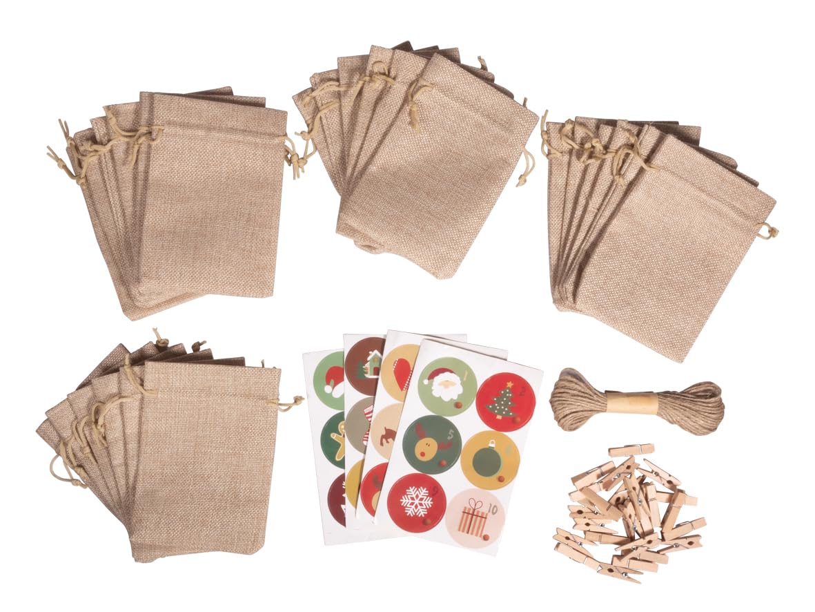 Rayher Advent Calendar, Craft Pack, Bag, 10 x 14 cm, Wooden Clips, Numbers, Jute String, Advent Calendar Children, Advent Calendar Adults, 46733000