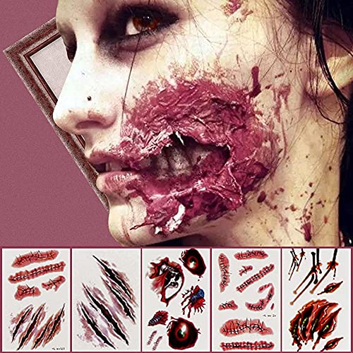 3D Zombie Scar Tattoos Fake Scars Bloody Costume Makeup Halloween Decoration Horror Wound Scary Blood Injury Sticker ，Halloween Party Decorations.