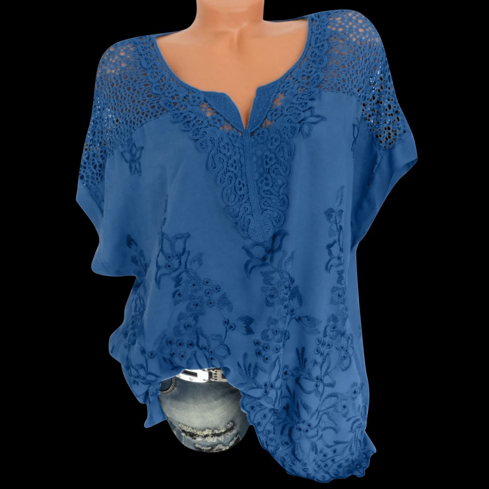 T-Shirts à Manches Courtes Femme Col en V- Haut Femme Ete Creuse Brodé Confortable Respirante Chauve-Souris Classiques Casual Chic Élégants Sexy Polyvalent Ample Top Style Tempérament Pas Cher