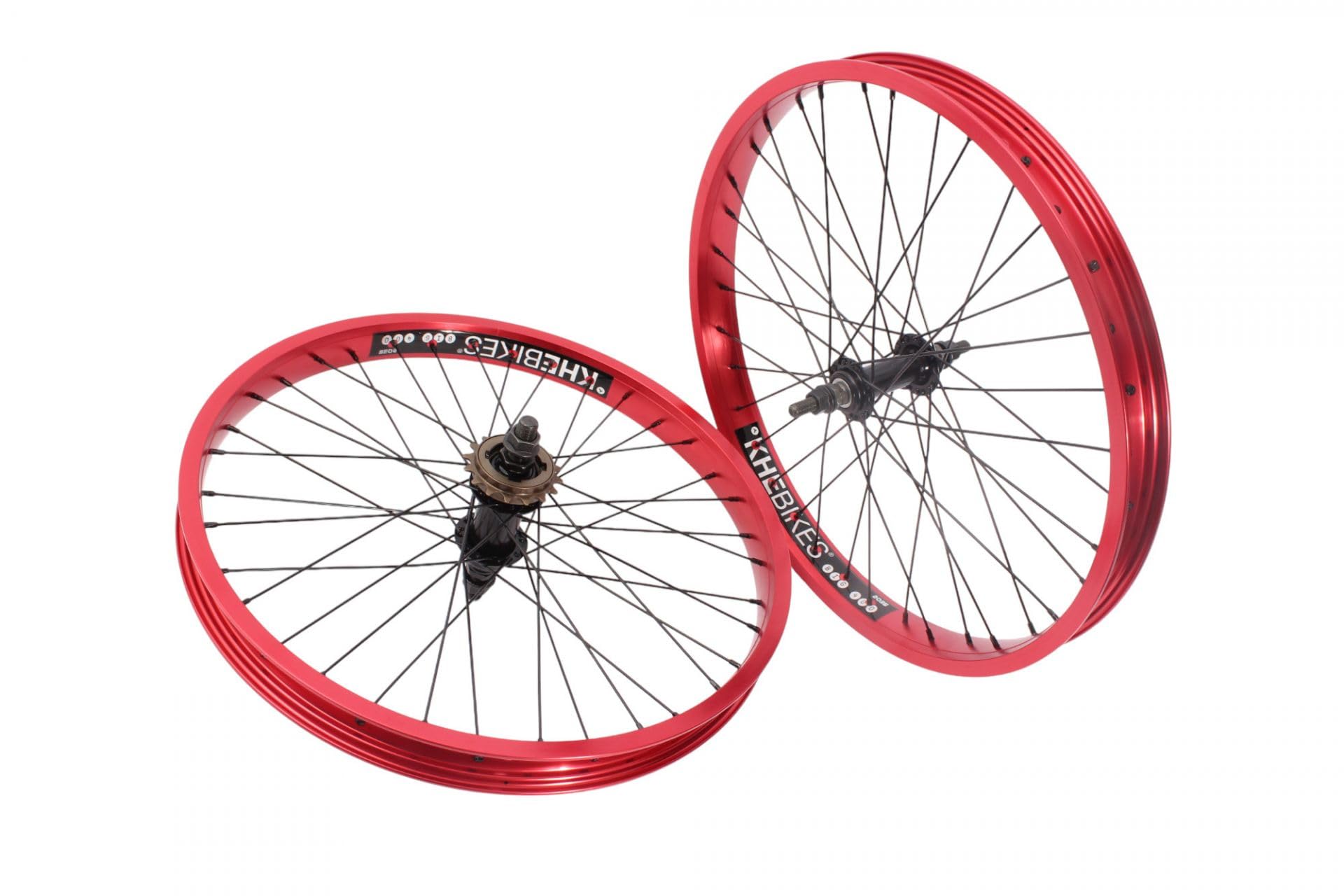 KHE Prism BMX 20 cali zestaw kółek, szerokość 38 mm, aluminium 7005, czerwone anodowane, z zębatką 16T