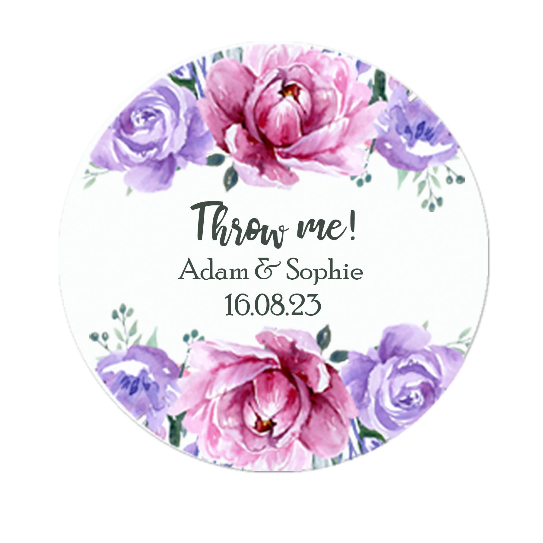35 Personalised Confetti Wedding Stickers Sprinkle The Love, Throw me, Cone Bags Favour Luxury (Purple)