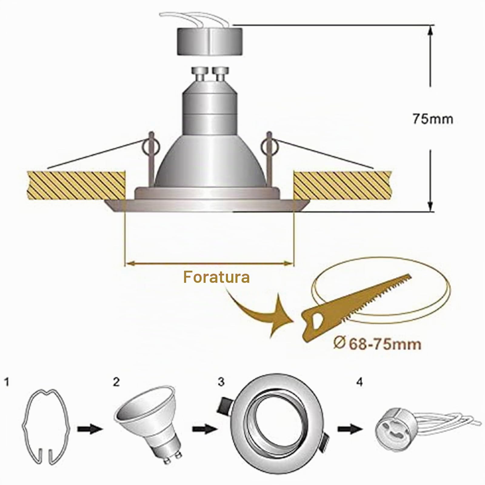 Allesgute 10er Set Faretti Da Incasso GU10 Cornice Da Incasso Nero Opaco Orientabile Rotonda 230V Diametro Foro 68mm Incl. Zoccolo GU10 Per Lampadina LED O Alogena