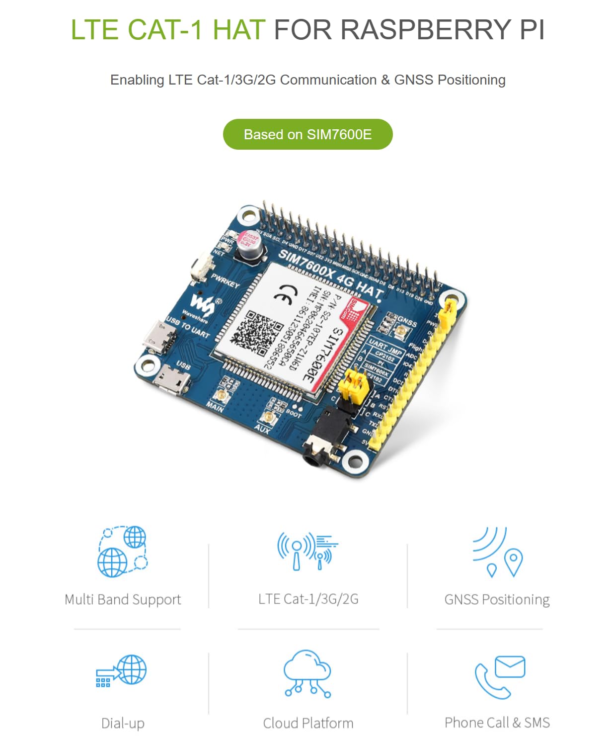 TUOPUONE SIM7600E LTE Cat-1 HAT Compatibile con Raspberry Pi Abilitazione LTE Cat-1/3G/2G Comunicazione e posizionamento GNSS anche per l'Europa