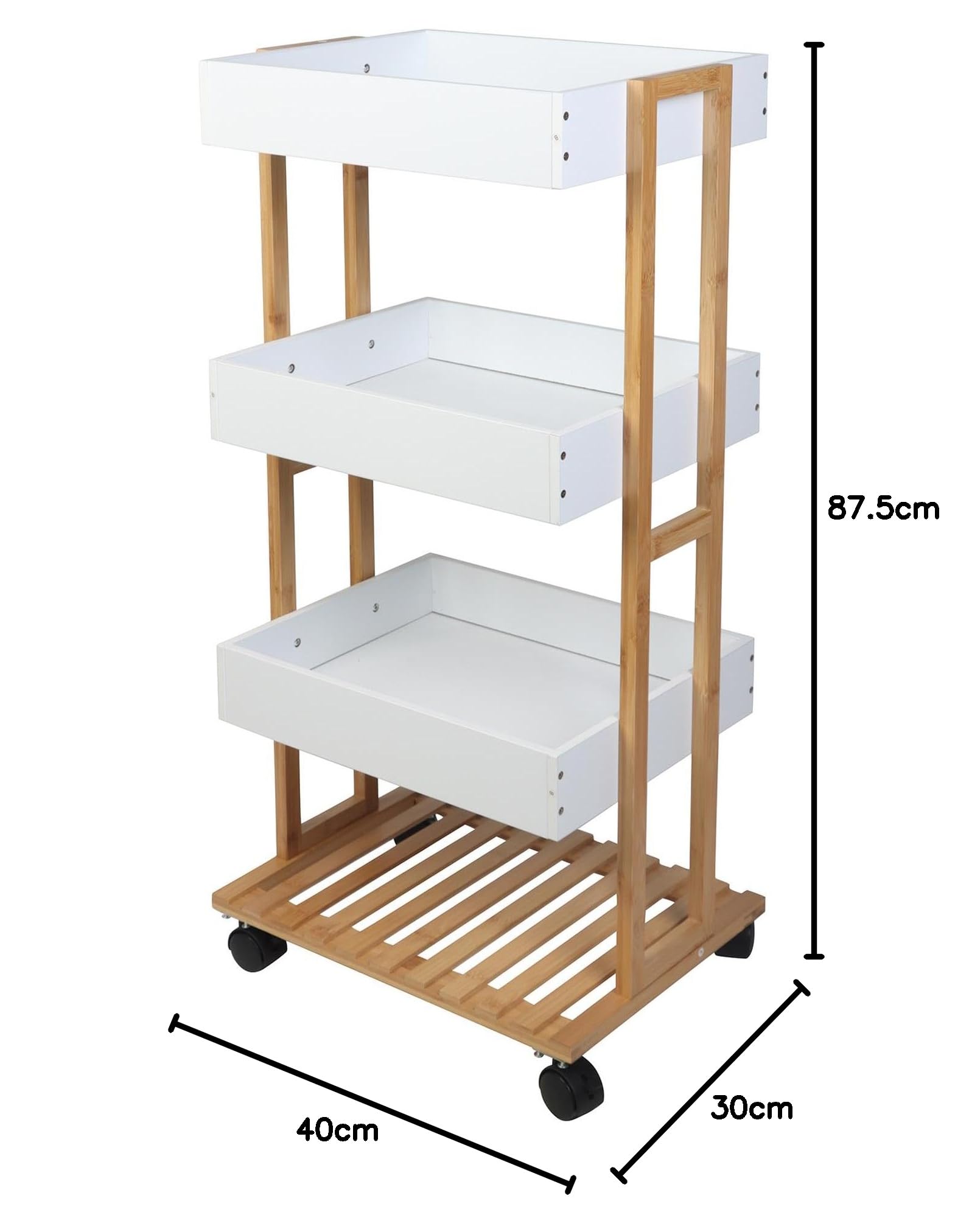 Well Home Carrello portaoggetti in bambù con 1 ripiano e 3 vassoi di colore bianco 40x30x87,5cm