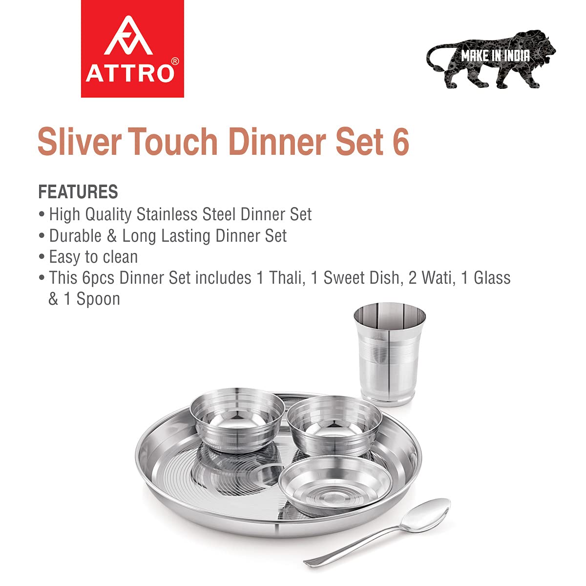 Attro Stainless Steel Silver Touch Finish Dinner Set of 1 Thali, 1 Plate, 2 Bowl   , 1 Glass, 1 Spoon (Thali Diameter 12 inch) - Set of 6, Standard - Image 3 thumbnail