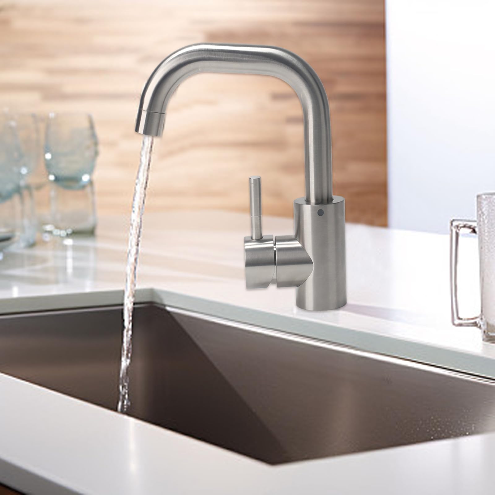 Mitigeur Cuisine Acier Inoxydable, Robinet Salle Bain Pivotant à 360°, Robinet Lavabo avec Tuyau, Robinets Lave Main pour Salle de Bain ou Petite Cuisine (Couleur Brossée)
