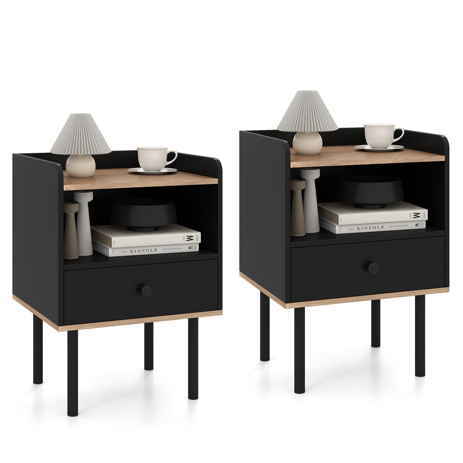 COSTWAY Bedside Table, Wooden Nightstand End Sofa Side Table with Drawer, Open Storage Shelves and Metal Legs, Modern Small Bedside Cabinet for Living Room Bedroom, 41x35x56cm (2PCS, Black+Natural)