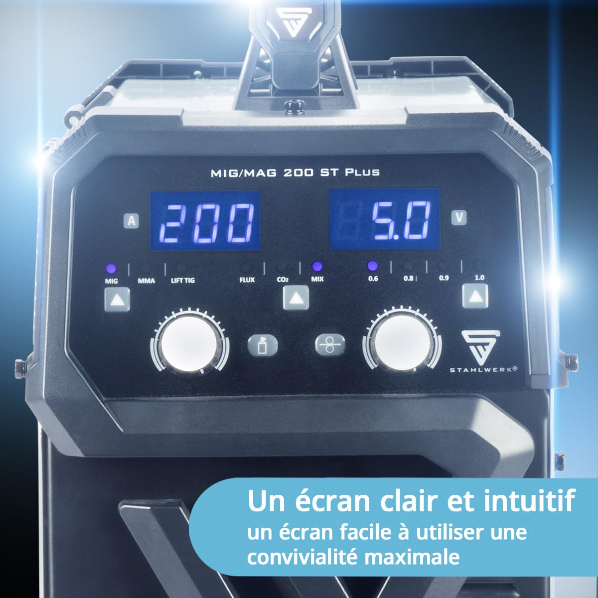 STAHLWERK Poste à souder MIG/MAG 200 ST – Inverter IGBT 200 A, poste sous gaz avec dévidage synergique, compatible FLUX (fil fourré), fonctionnel Lift-TIG & MMA (ARC)
