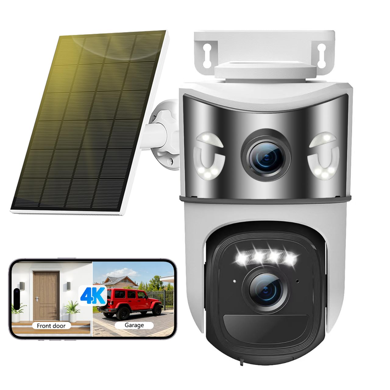 8MP Cámara Vigilancia WiFi Exterior Solar con Doble Lente, Panel Solar 6W, 360° PTZ,Visión Nocturna en Color,Audio Bidireccional,Detección Humana PIR, 2.4GHz,IP66