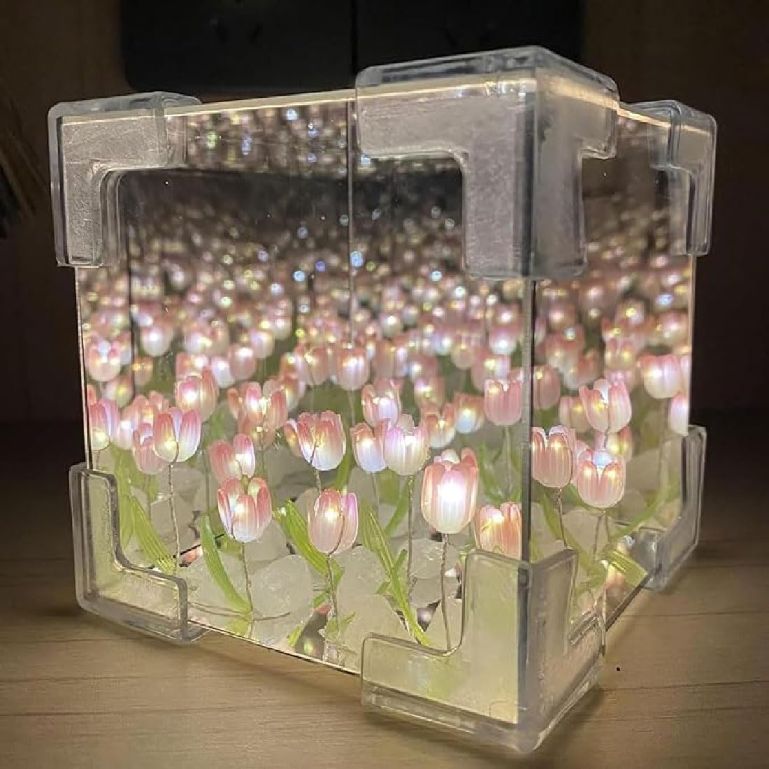 Cogoall Women's Pink Blossom Box Diy Tulip Mirror Cube Lamp - Handmade Flower Night Light, Desk Lamp For Bedside, Home Decor (Pink)