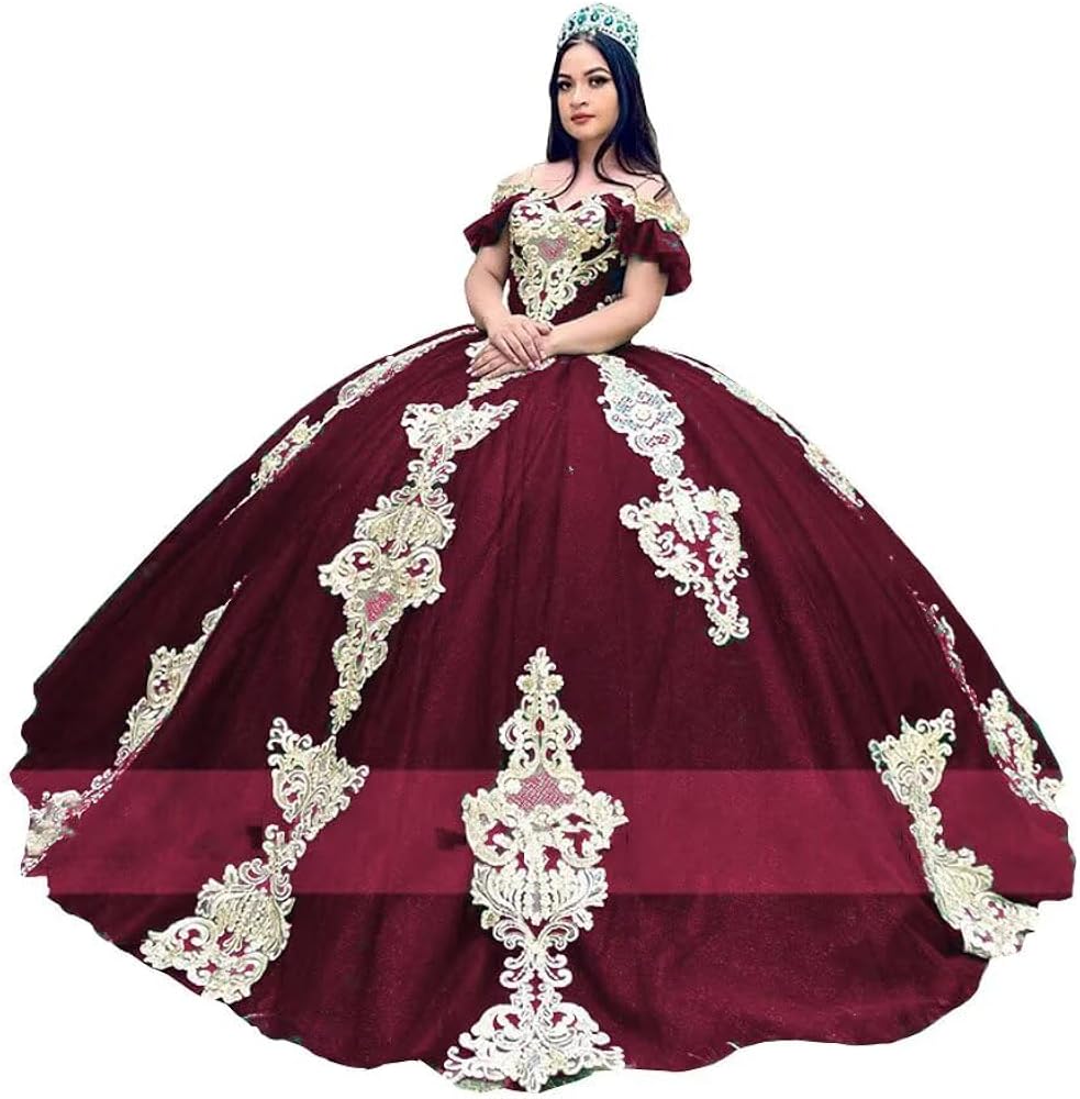 HFAGEMV Off Shoulder Bling Tulle Gold Lace Applique Prom Ball Gowns Formal Evening Dresses Quinceanera Burgundy/Gold 2 at Amazon Women's Clothing store